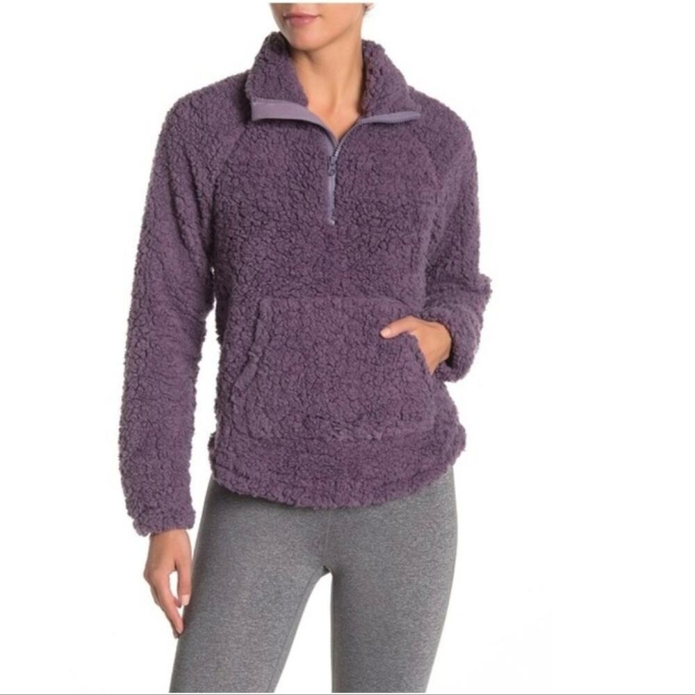 Z by Zella Free Style Fuzzy Faux Shearling Pullover Kangaroo Pocket Purple Small